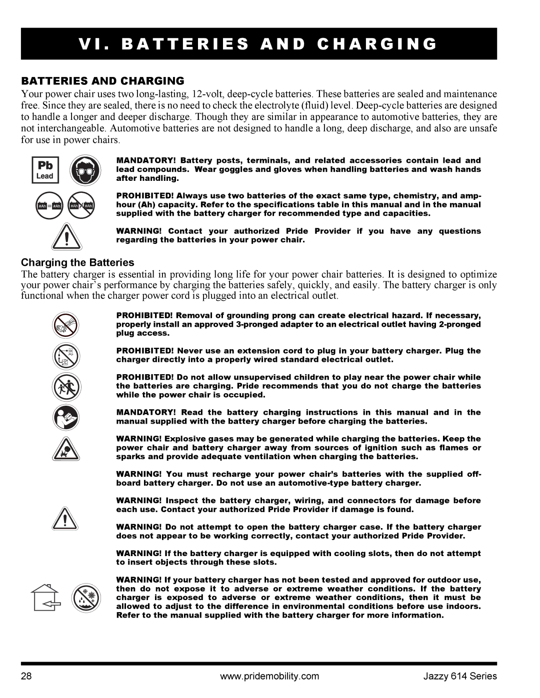 Pride Mobility 614 manual B a T T E R I E S a N D C H a R G I N G, Batteries and Charging, Charging the Batteries 