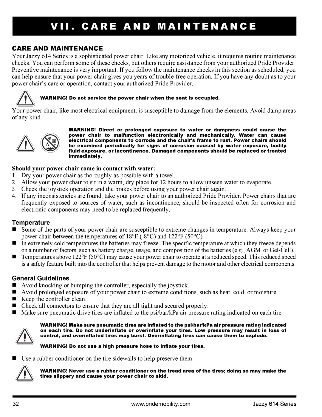 Pride Mobility 614 manual I . C a R E a N D M a I N T E N a N C E, Care and Maintenance, Temperature, General Guidelines 