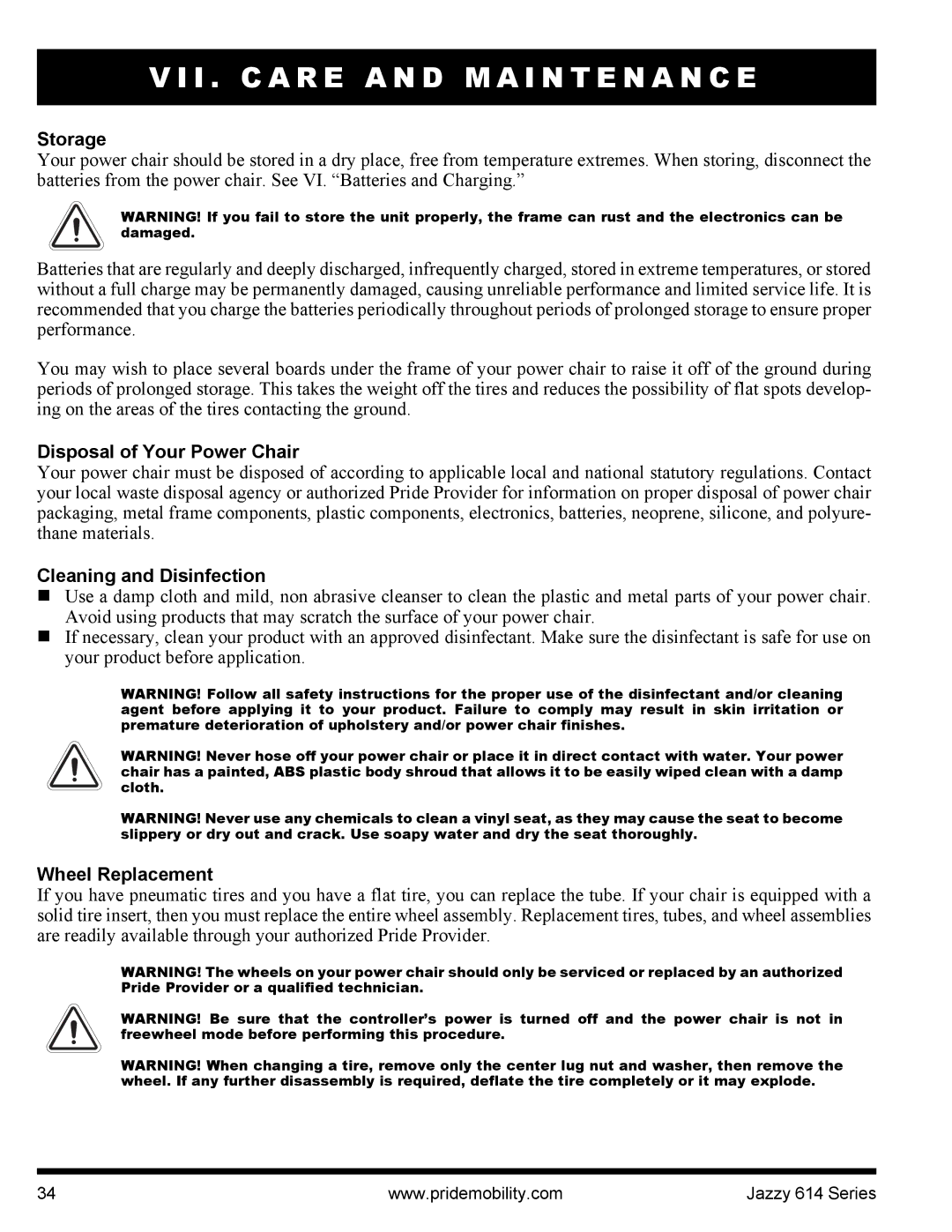 Pride Mobility 614 manual Storage, Disposal of Your Power Chair, Cleaning and Disinfection, Wheel Replacement 