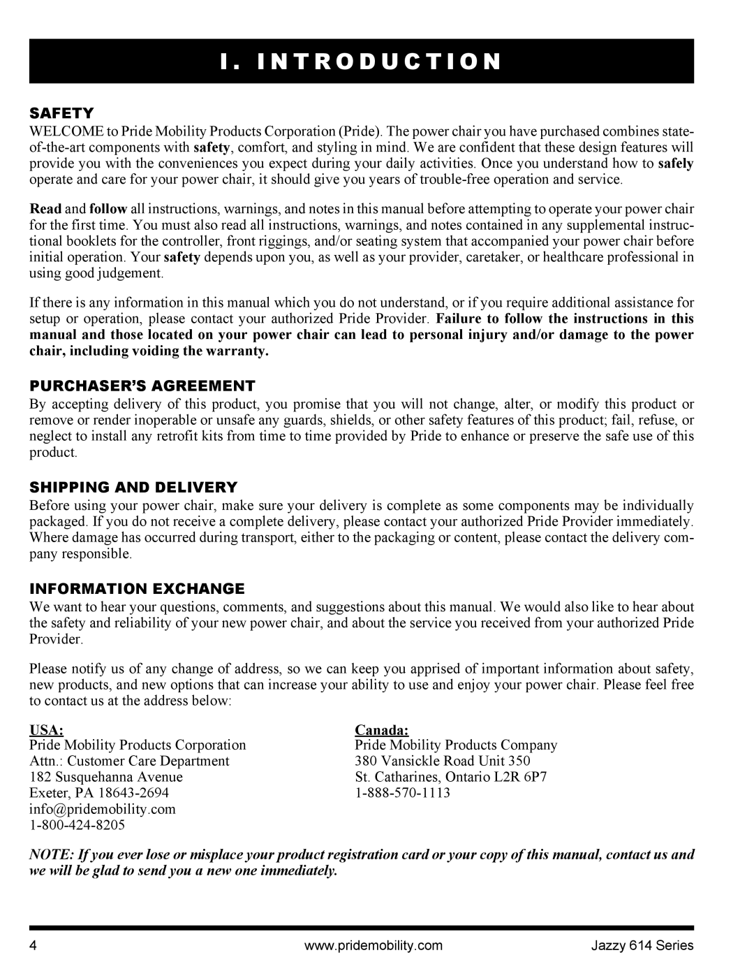 Pride Mobility 614 manual N T R O D U C T I O N, Safety, PURCHASER’S Agreement, Shipping and Delivery, Information Exchange 