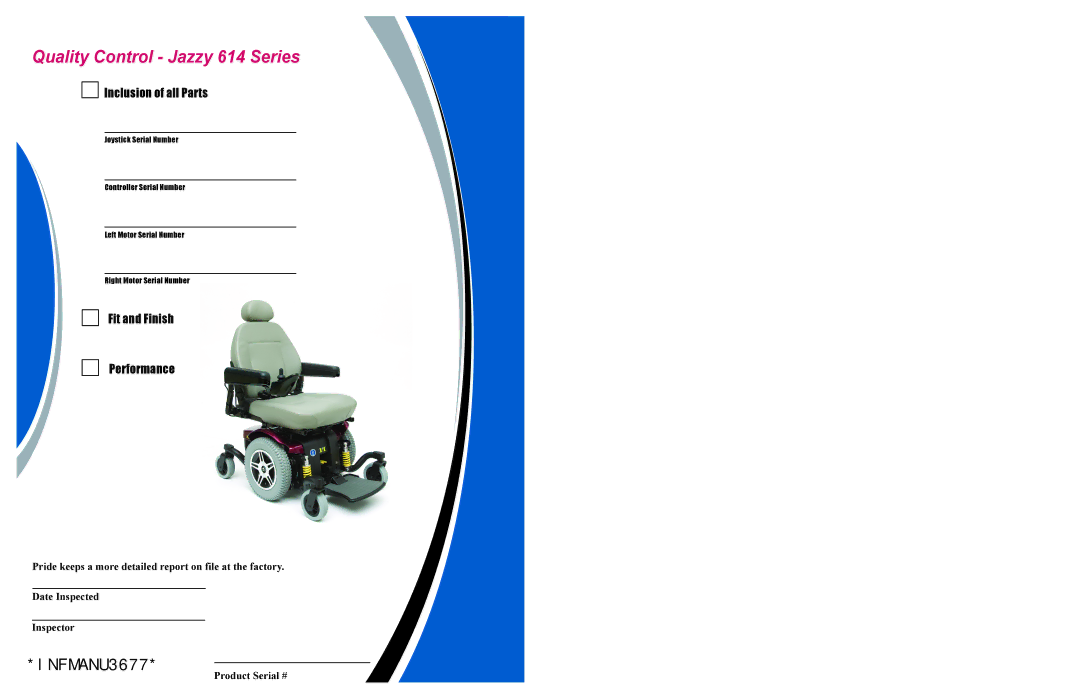 Pride Mobility manual Quality Control Jazzy 614 Series, Product Serial # 