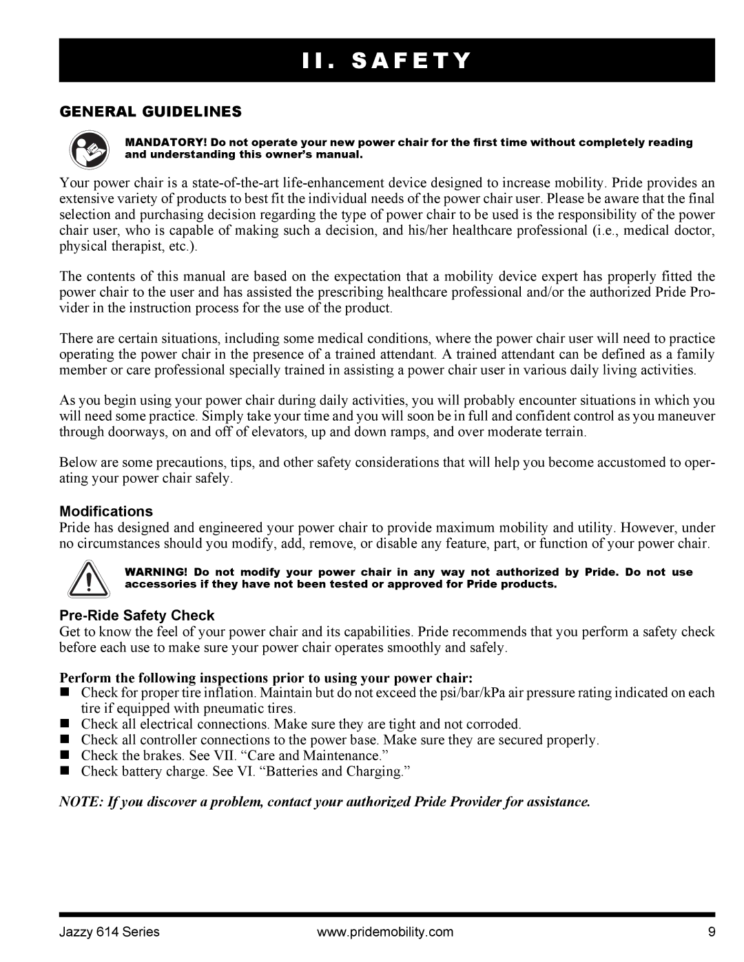 Pride Mobility 614 manual General Guidelines, Modifications, Pre-Ride Safety Check 