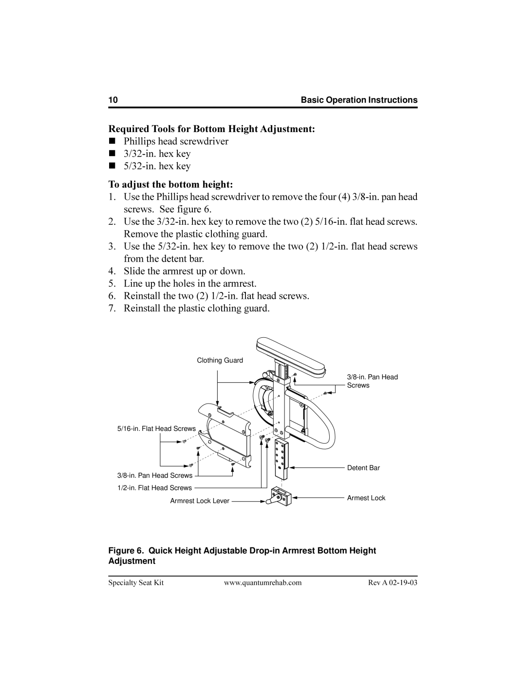 Pride Mobility ACN# 088 609 661 manual Required Tools for Bottom Height Adjustment, To adjust the bottom height 