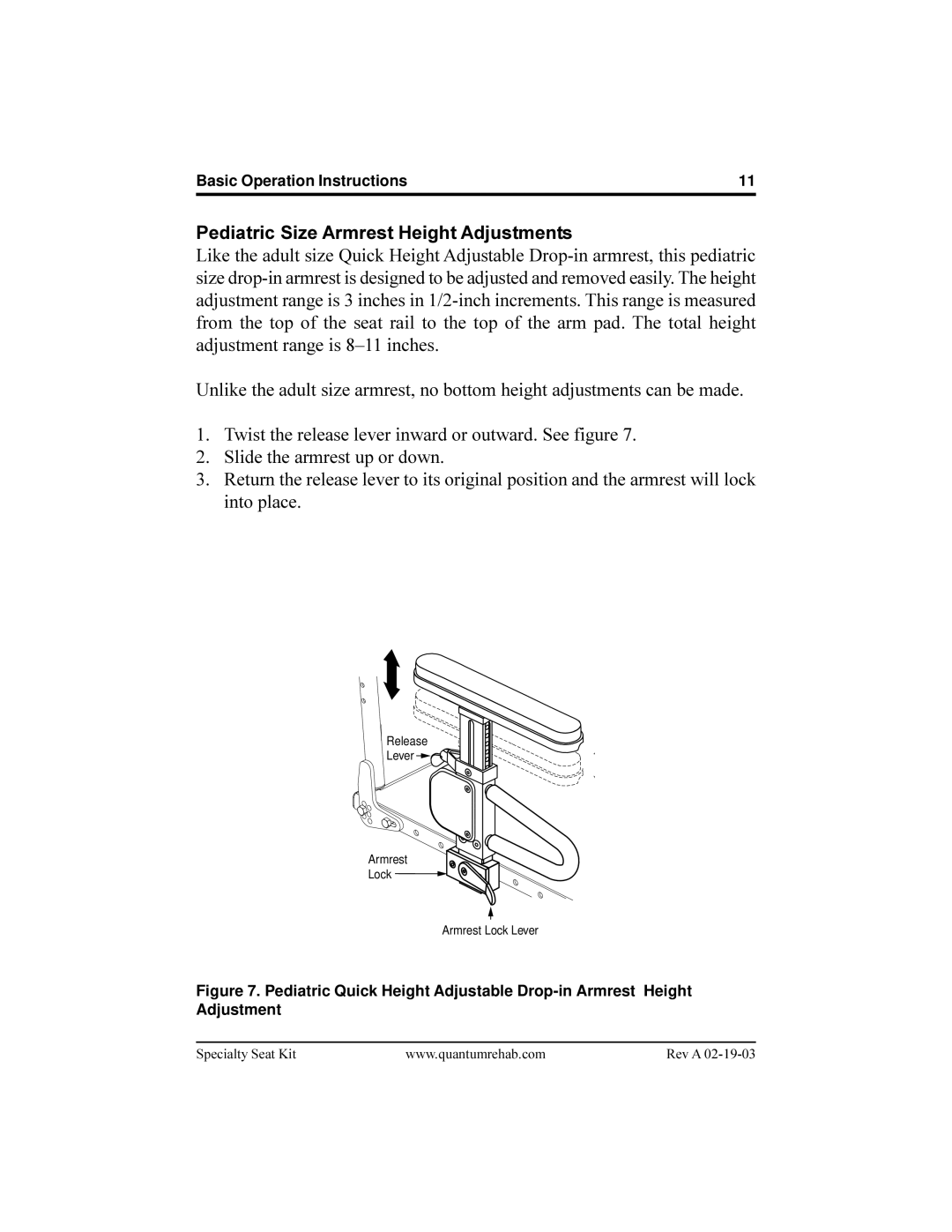 Pride Mobility ACN# 088 609 661 manual Pediatric Size Armrest Height Adjustments 