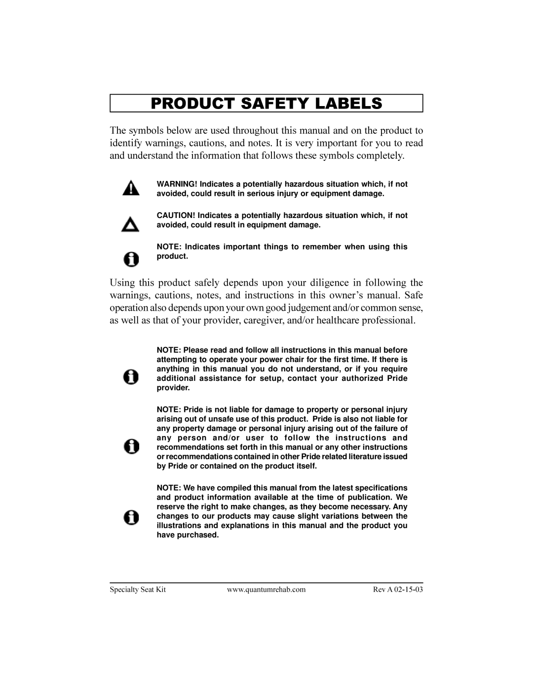 Pride Mobility ACN# 088 609 661 manual Product Safety Labels 