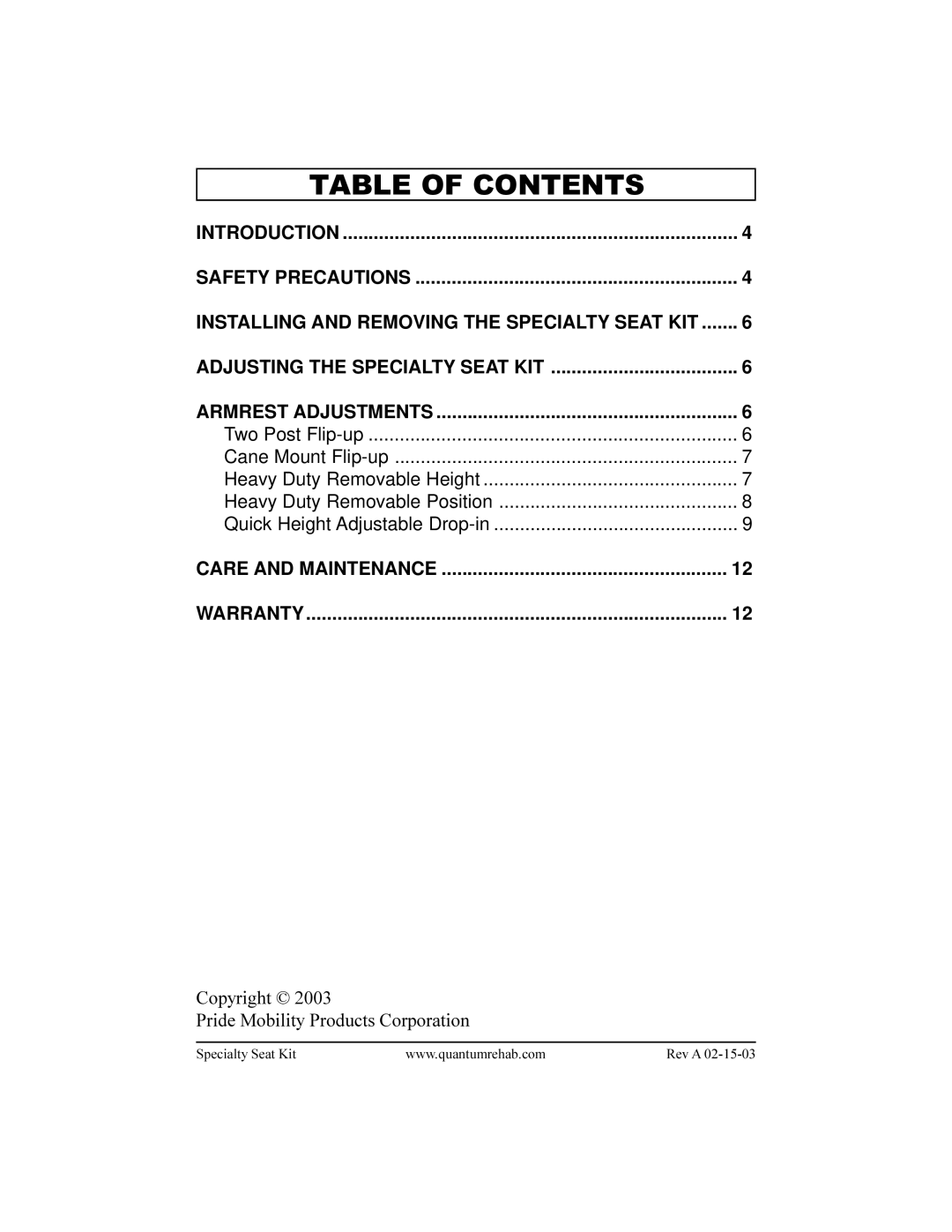 Pride Mobility ACN# 088 609 661 manual Table of Contents 