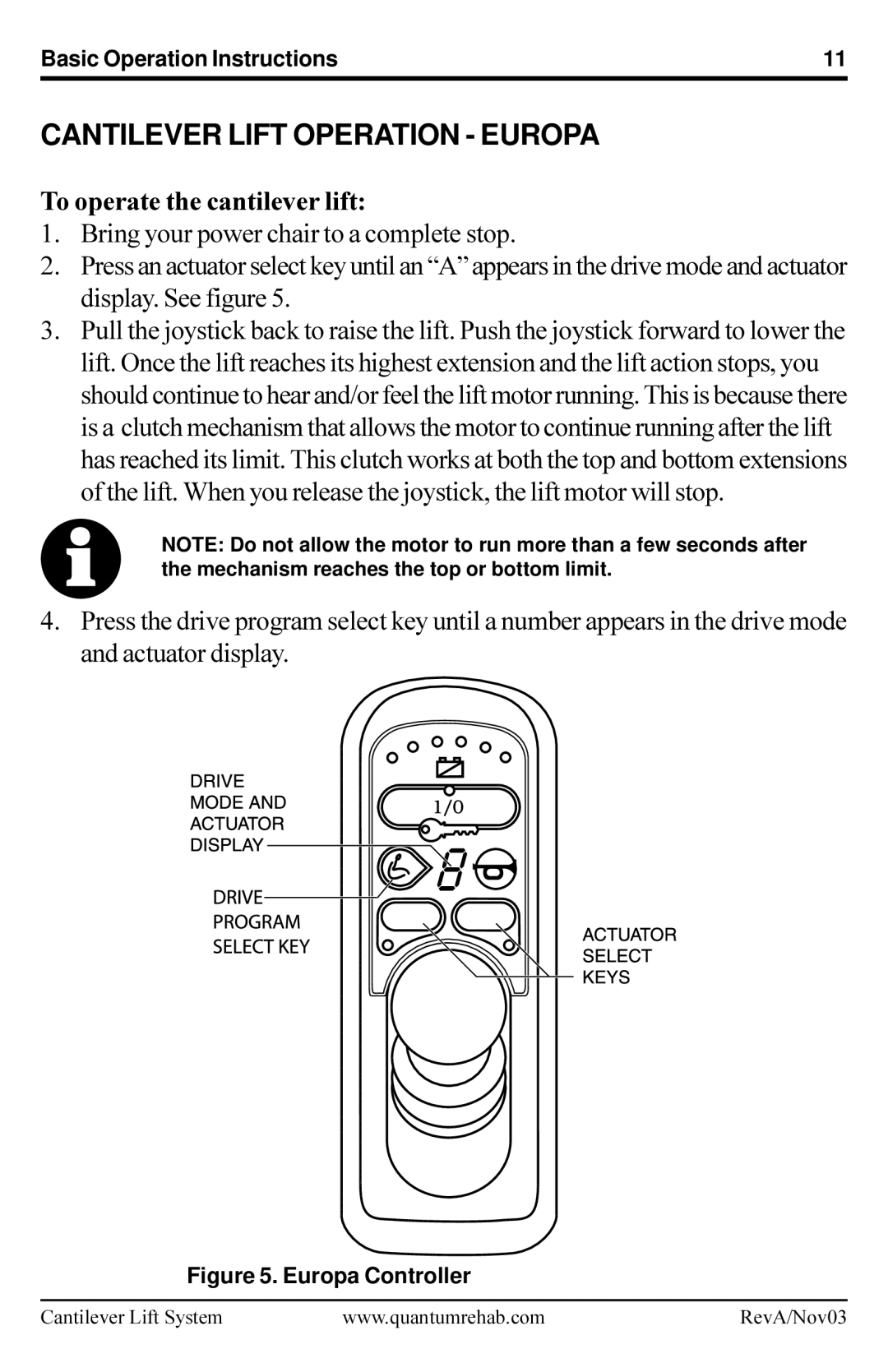 Pride Mobility Cantilever Lift System manual Cantilever Lift Operation Europa, Europa Controller 
