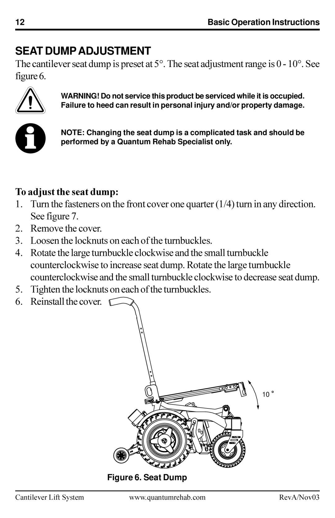 Pride Mobility Cantilever Lift System manual Seat Dump Adjustment, To adjust the seat dump 