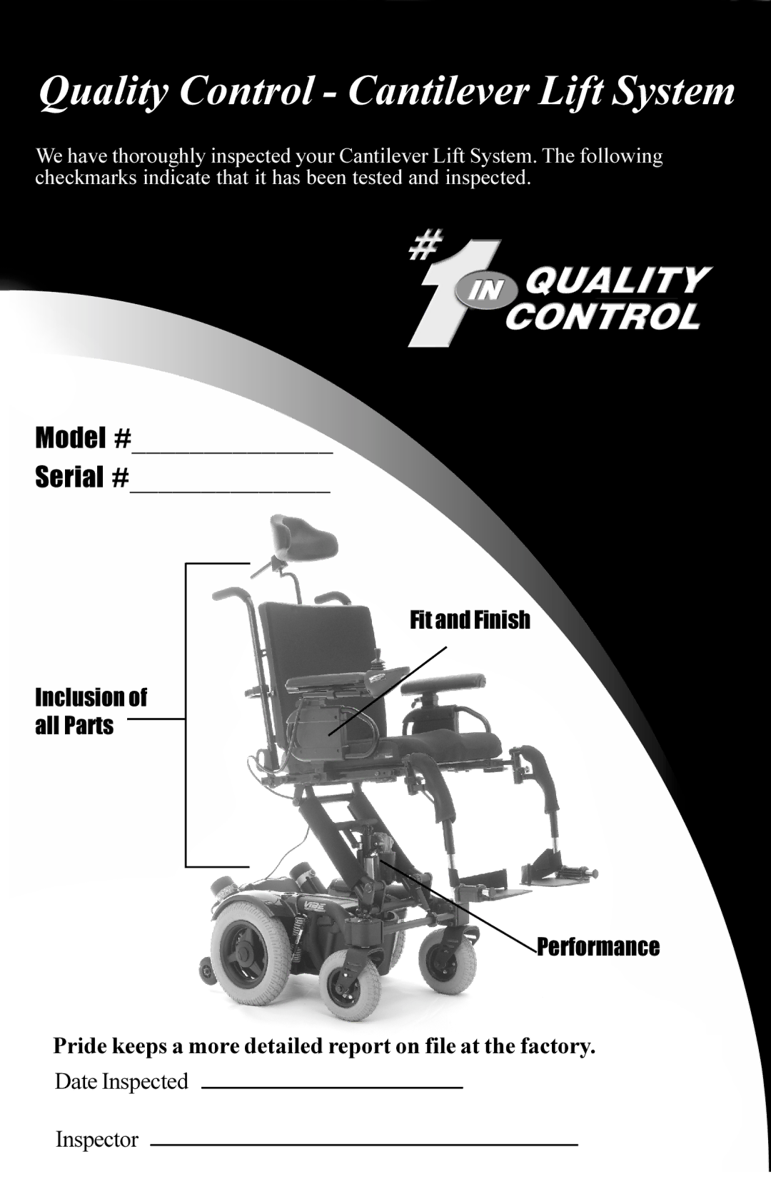 Pride Mobility manual Quality Control Cantilever Lift System 