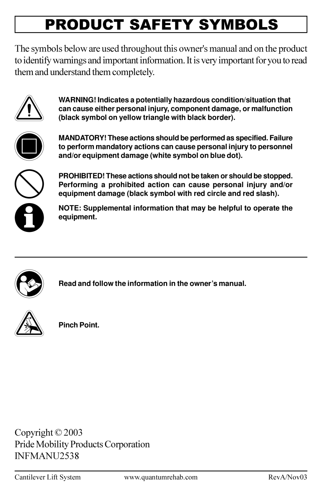 Pride Mobility Cantilever Lift System manual Product Safety Symbols 