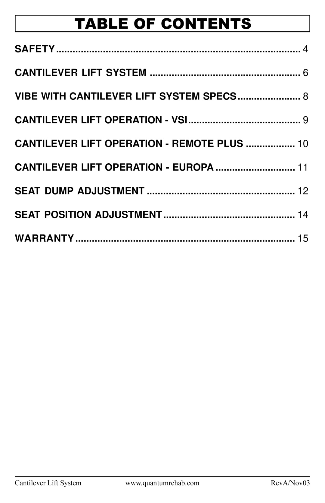 Pride Mobility Cantilever Lift System manual Table of Contents 