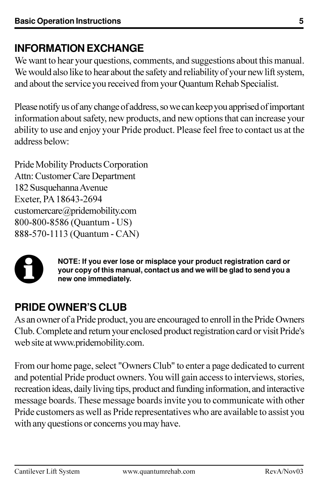 Pride Mobility Cantilever Lift System manual Information Exchange, Pride OWNER’S Club 