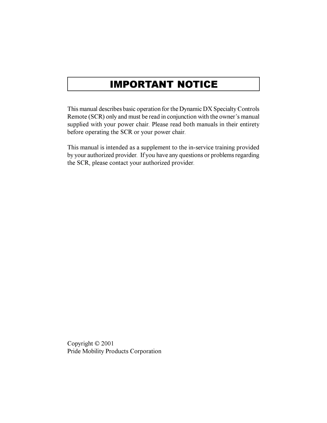 Pride Mobility Dynamic DX manual Important Notice 