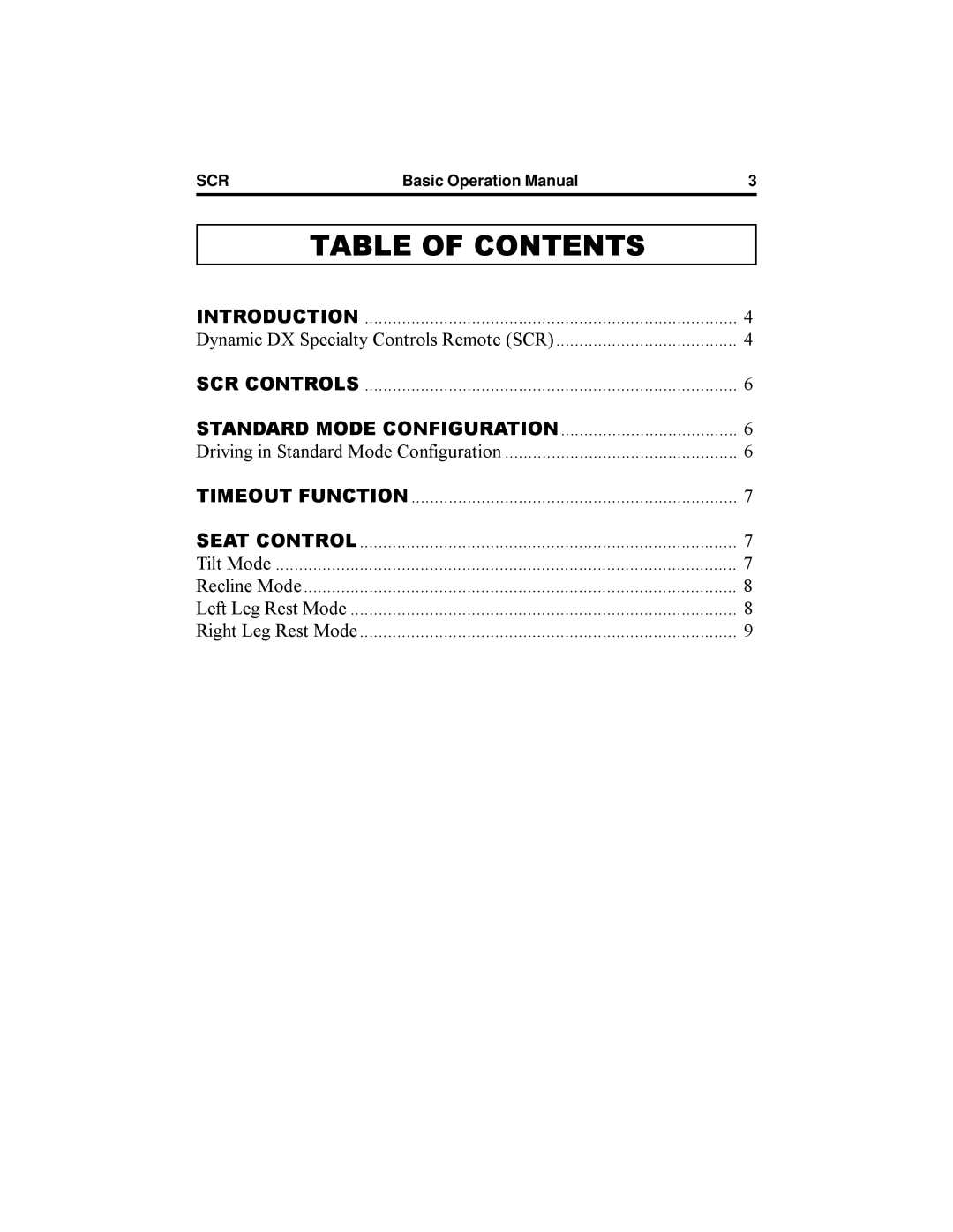 Pride Mobility Dynamic DX manual Table of Contents 