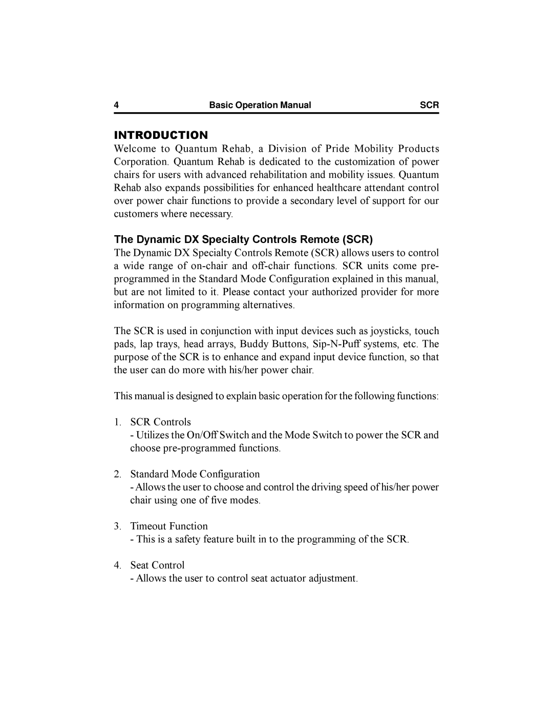 Pride Mobility manual Dynamic DX Specialty Controls Remote SCR 