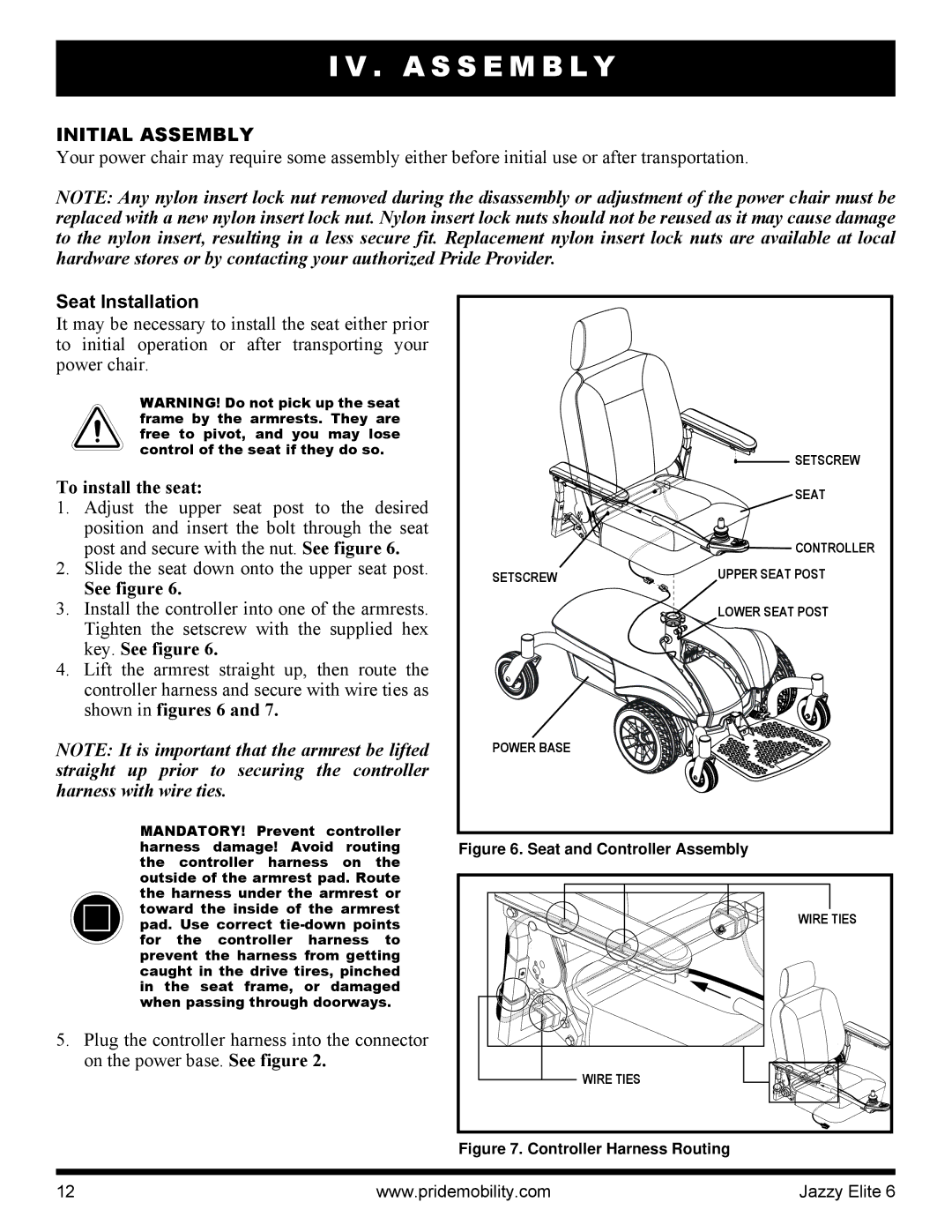 Pride Mobility Elite 6 manual A S S E M B L Y, Initial Assembly, Seat Installation, To install the seat, See figure 