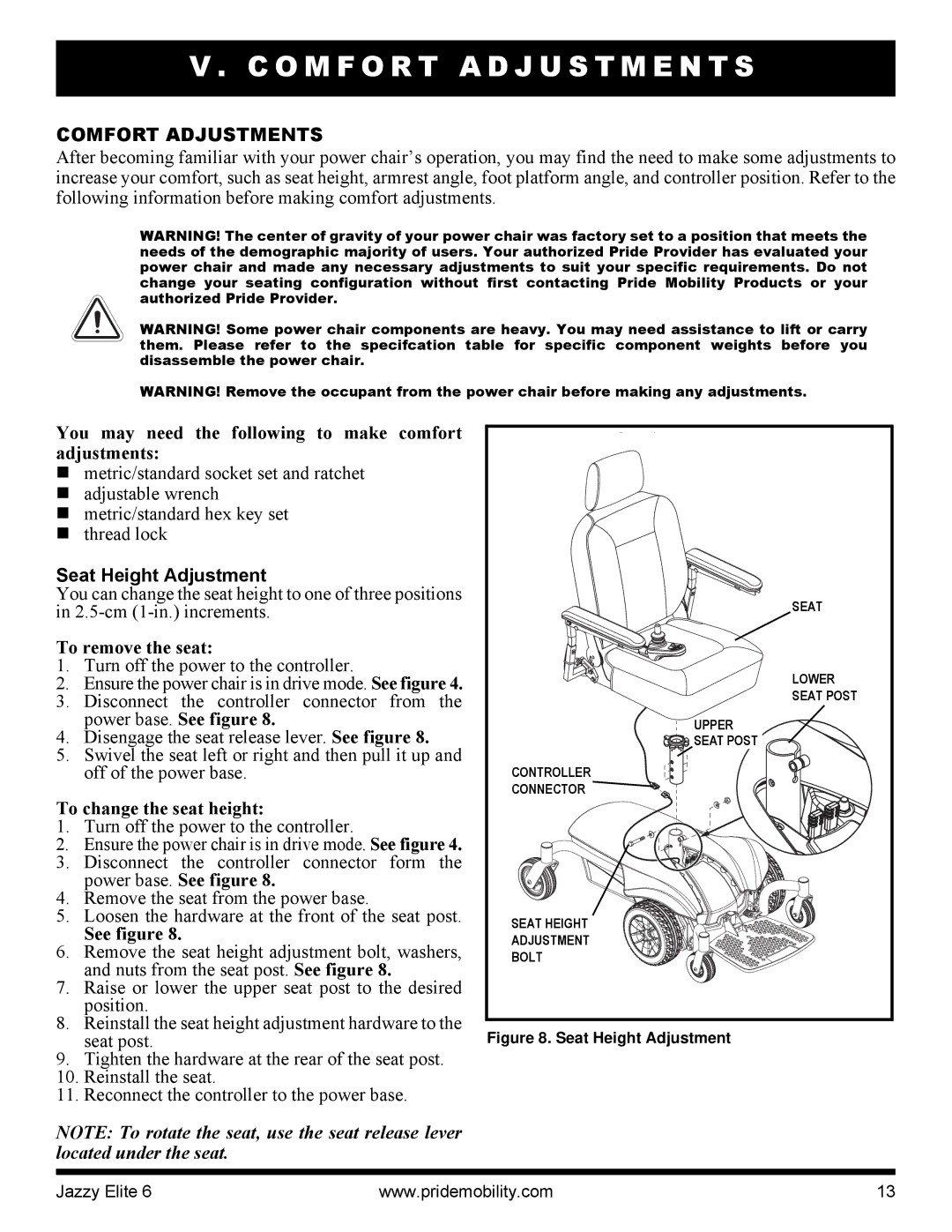 Pride Mobility Elite 6 manual O M F O R T a D J U S T M E N T S, Comfort Adjustments, Seat Height Adjustment 