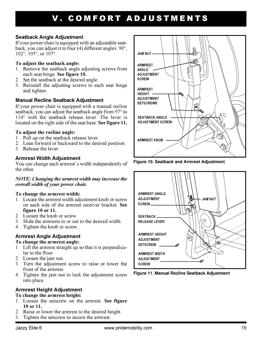 Pride Mobility Elite 6 manual Seatback Angle Adjustment, Manual Recline Seatback Adjustment, Armrest Width Adjustment 