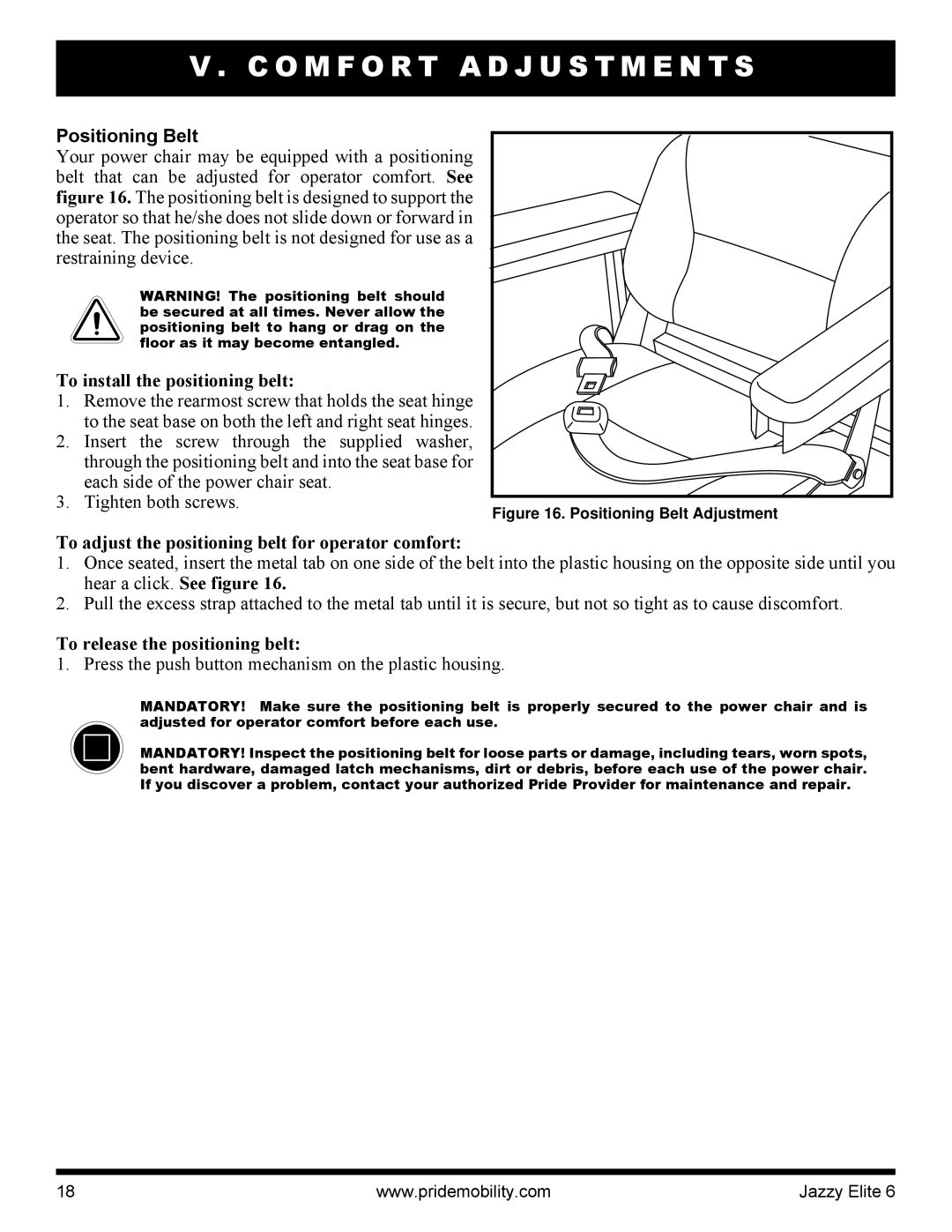 Pride Mobility Elite 6 manual Positioning Belt, To install the positioning belt, To release the positioning belt 