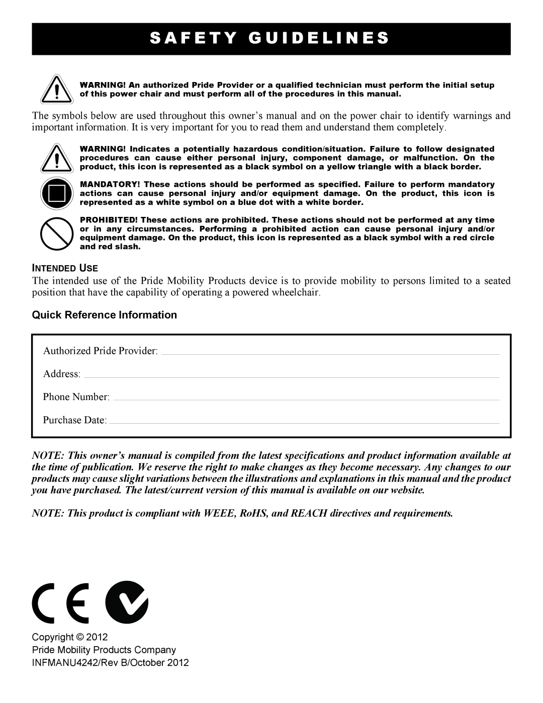 Pride Mobility Elite 6 manual F E T Y G U I D E L I N E S, Quick Reference Information 