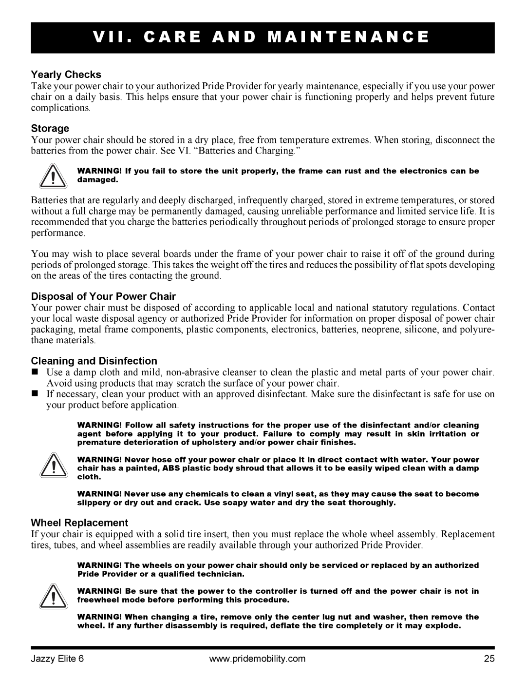 Pride Mobility Elite 6 Yearly Checks, Storage, Disposal of Your Power Chair, Cleaning and Disinfection, Wheel Replacement 