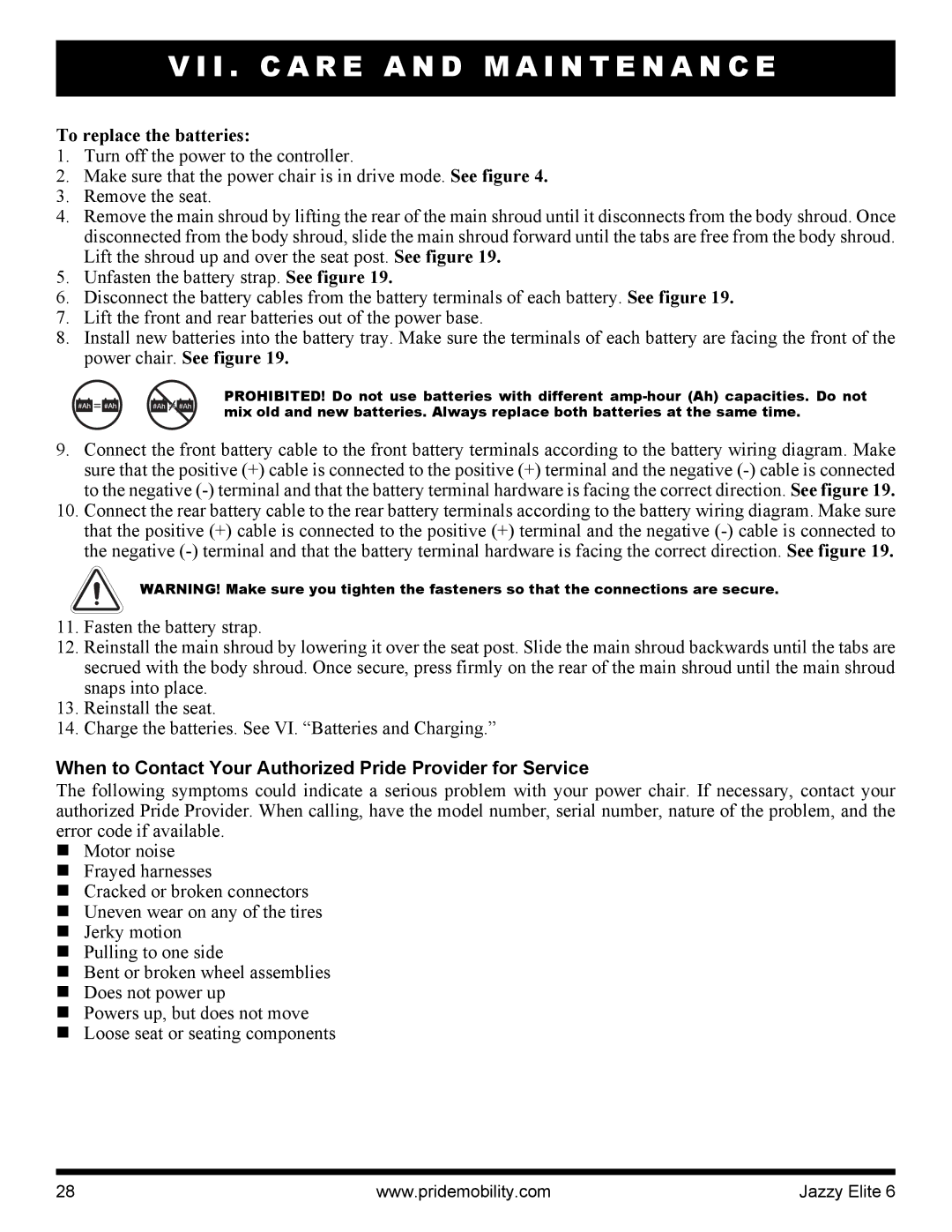 Pride Mobility Elite 6 manual To replace the batteries, When to Contact Your Authorized Pride Provider for Service 