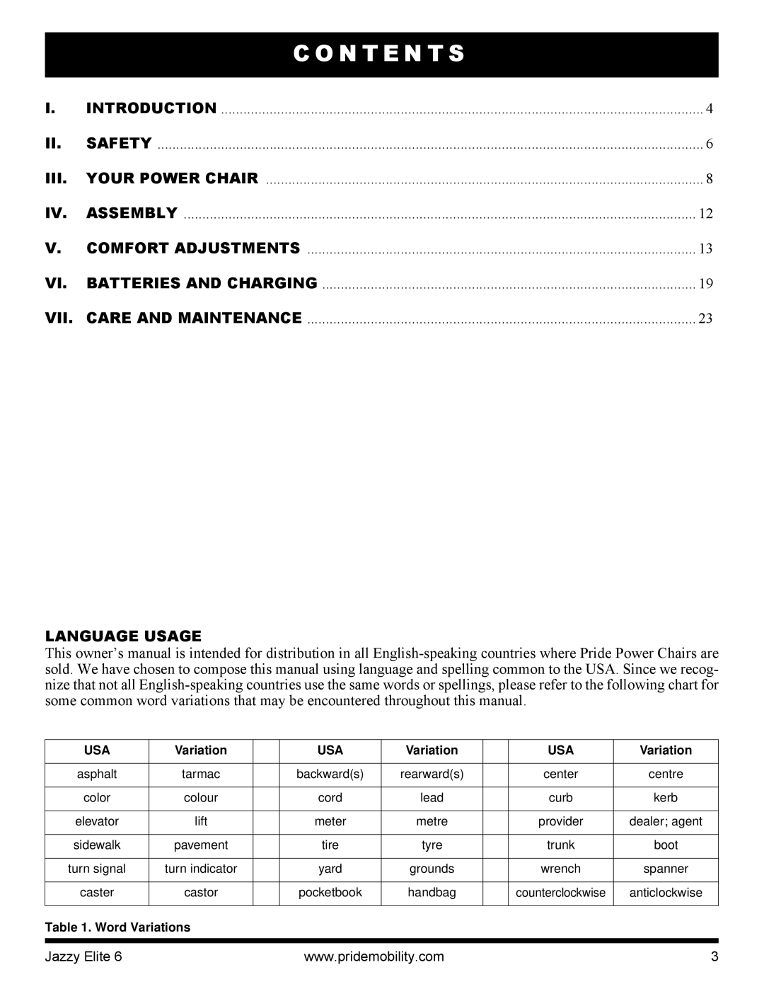 Pride Mobility Elite 6 manual Iii, Vii, Language Usage 