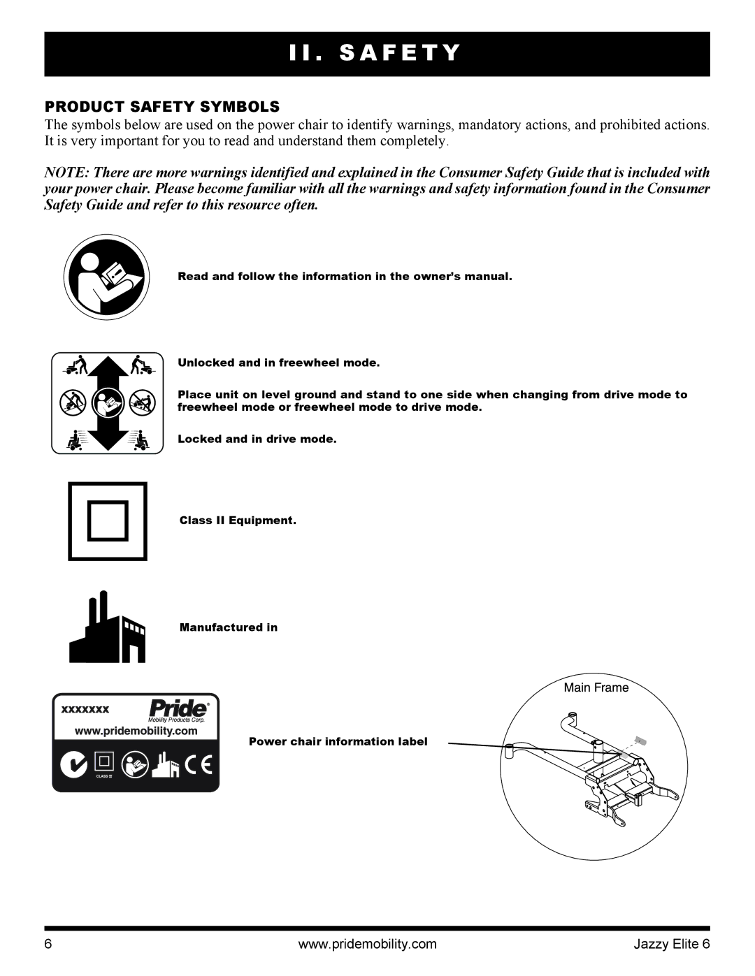 Pride Mobility Elite 6 manual S a F E T Y, Product Safety Symbols 