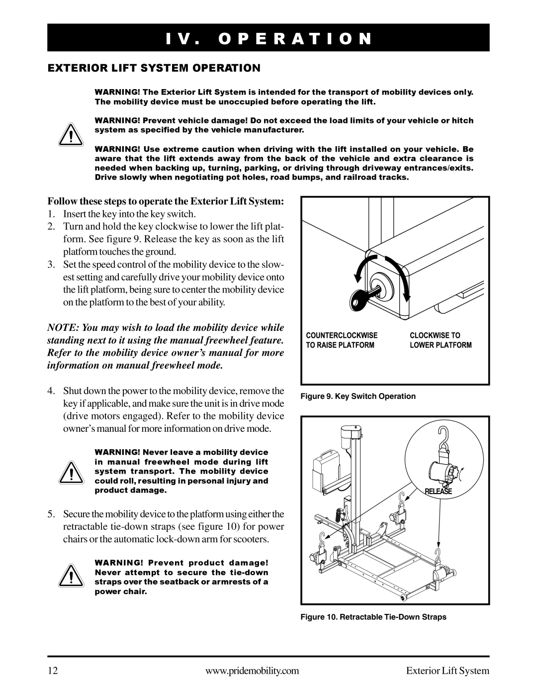 Pride Mobility manual O P E R a T I O N, Exterior Lift System Operation 