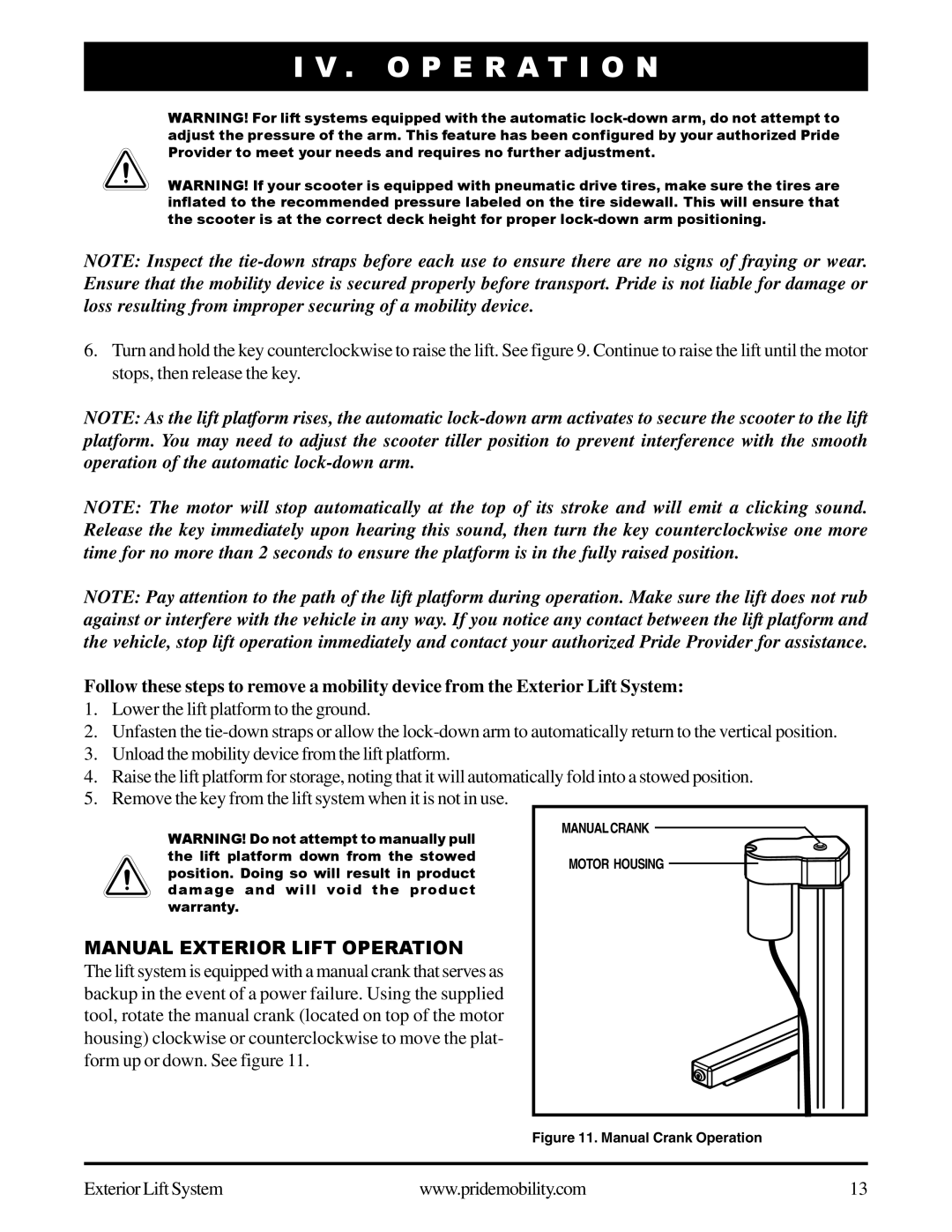 Pride Mobility Exterior Lift System manual Manual Exterior Lift Operation, Manual Crank Operation 