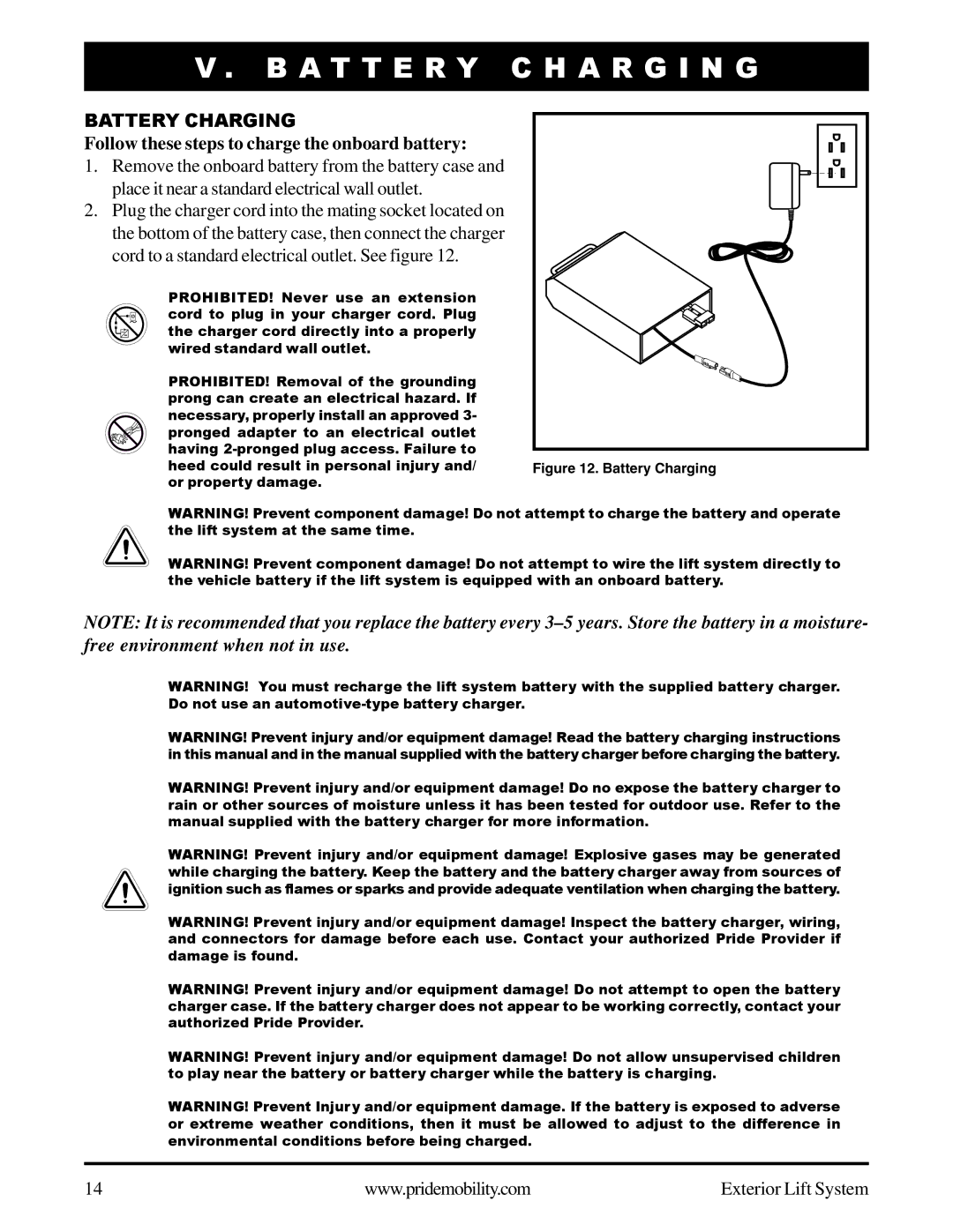 Pride Mobility Exterior Lift System manual A T T E R Y C H a R G I N G, Battery Charging 