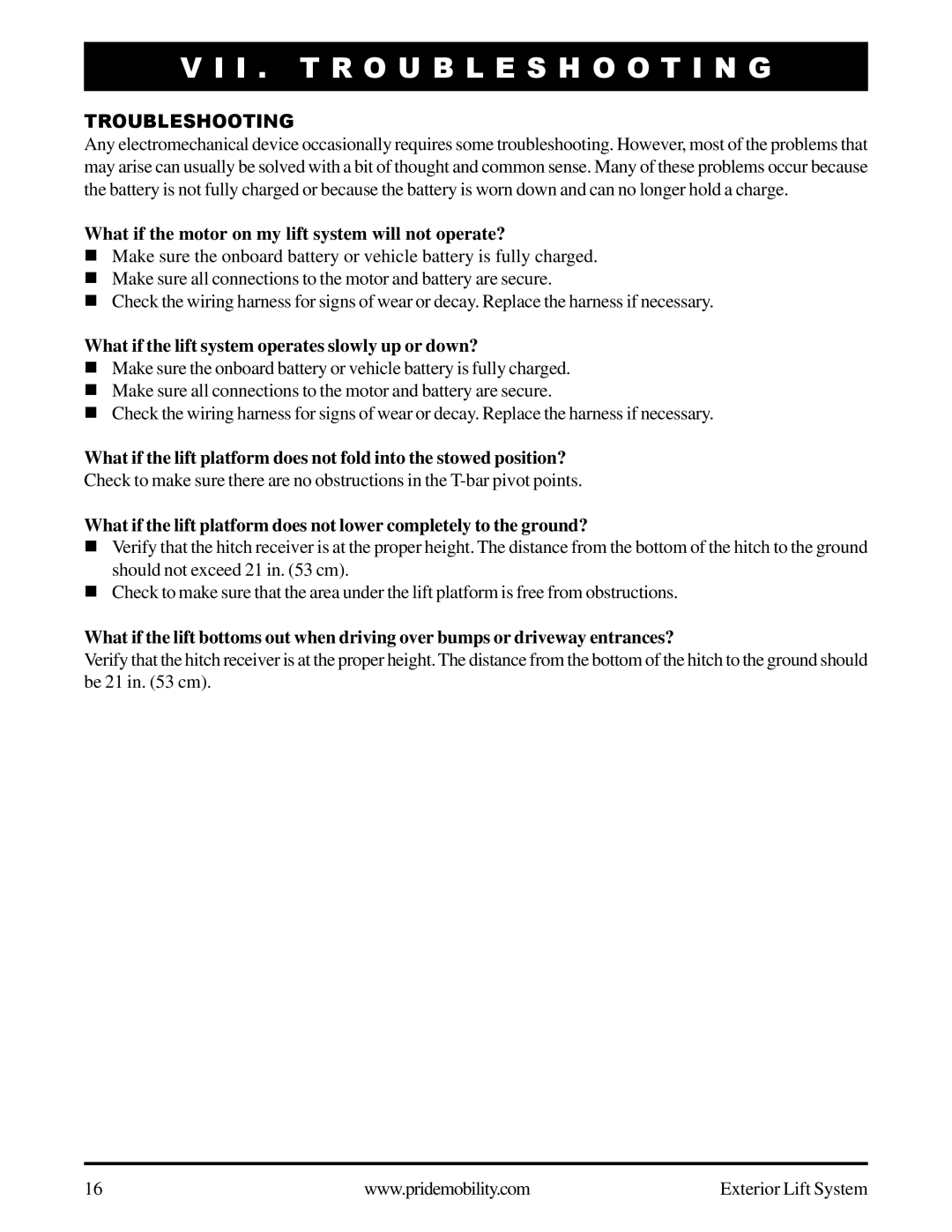 Pride Mobility Exterior Lift System manual I . Troubleshooting, What if the motor on my lift system will not operate? 