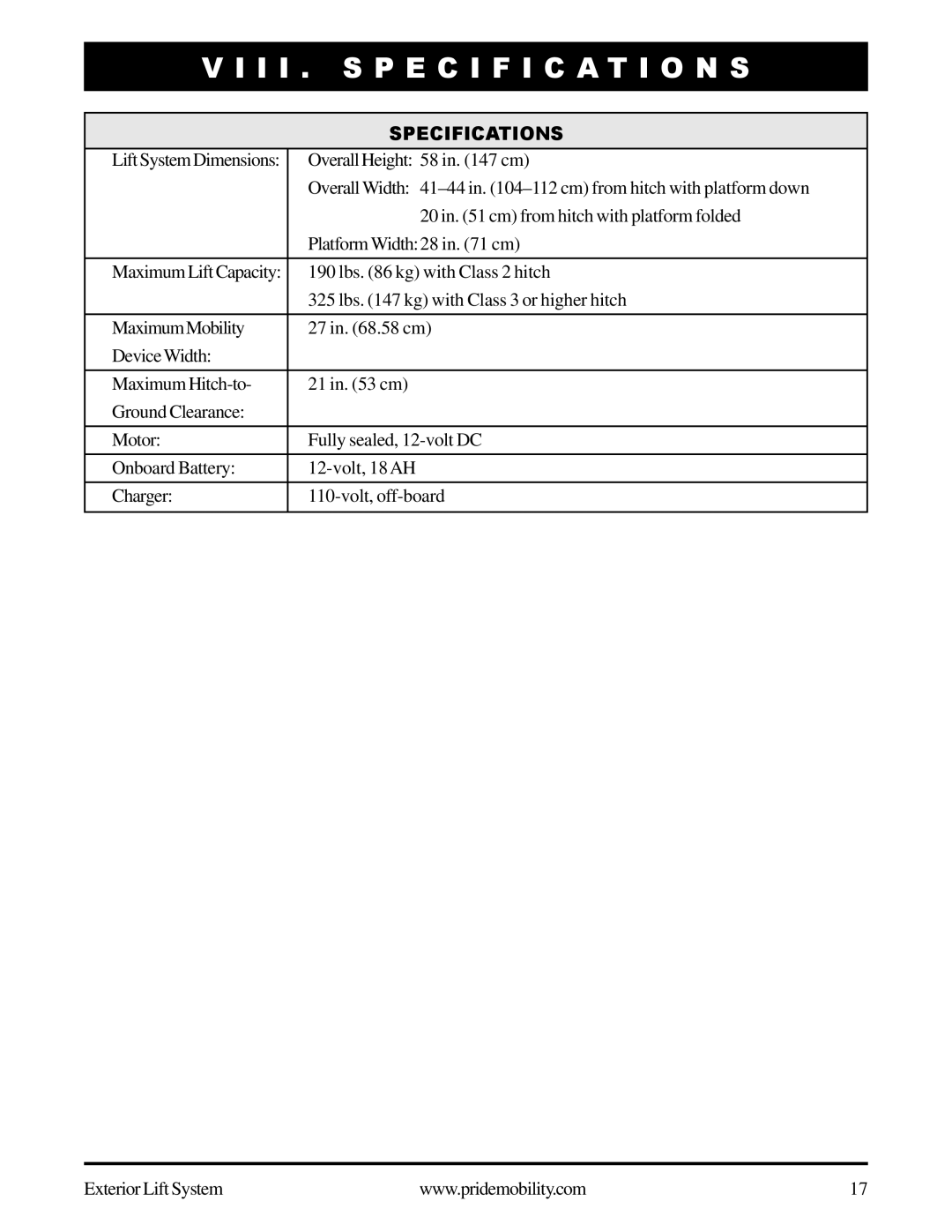 Pride Mobility Exterior Lift System manual I I . Specification S, Specifications 