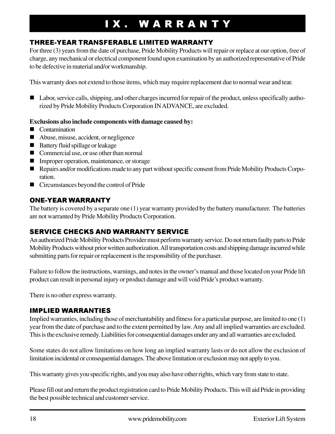 Pride Mobility Exterior Lift System manual W a R R a N T Y, THREE-YEAR Transferable Limited Warranty, ONE-YEAR Warranty 
