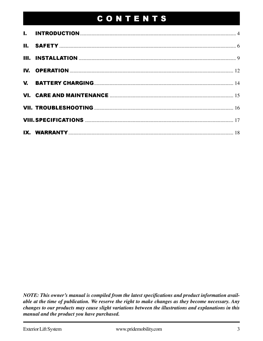 Pride Mobility Exterior Lift System manual N T E N T S, Iii 