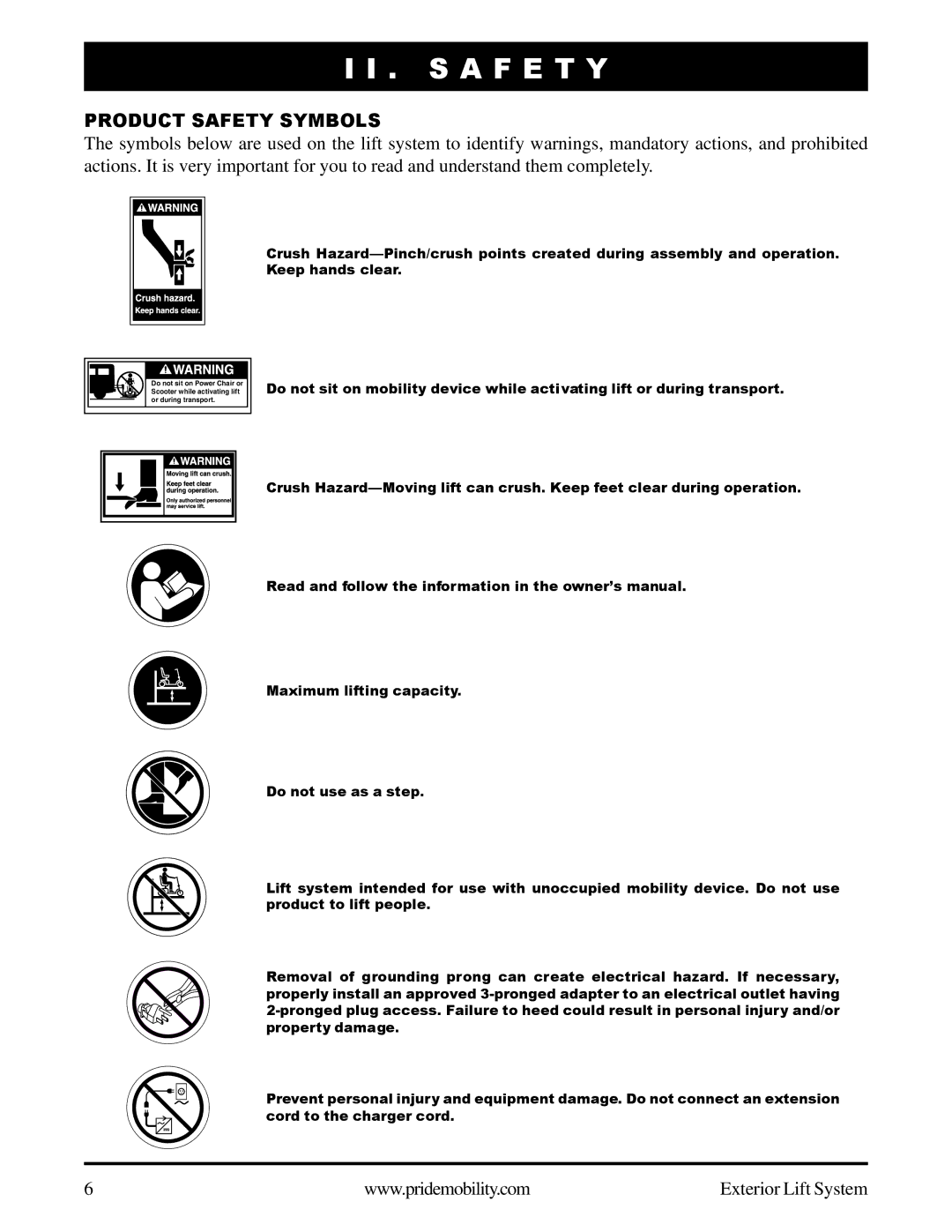 Pride Mobility Exterior Lift System manual S a F E T Y, Product Safety Symbols 