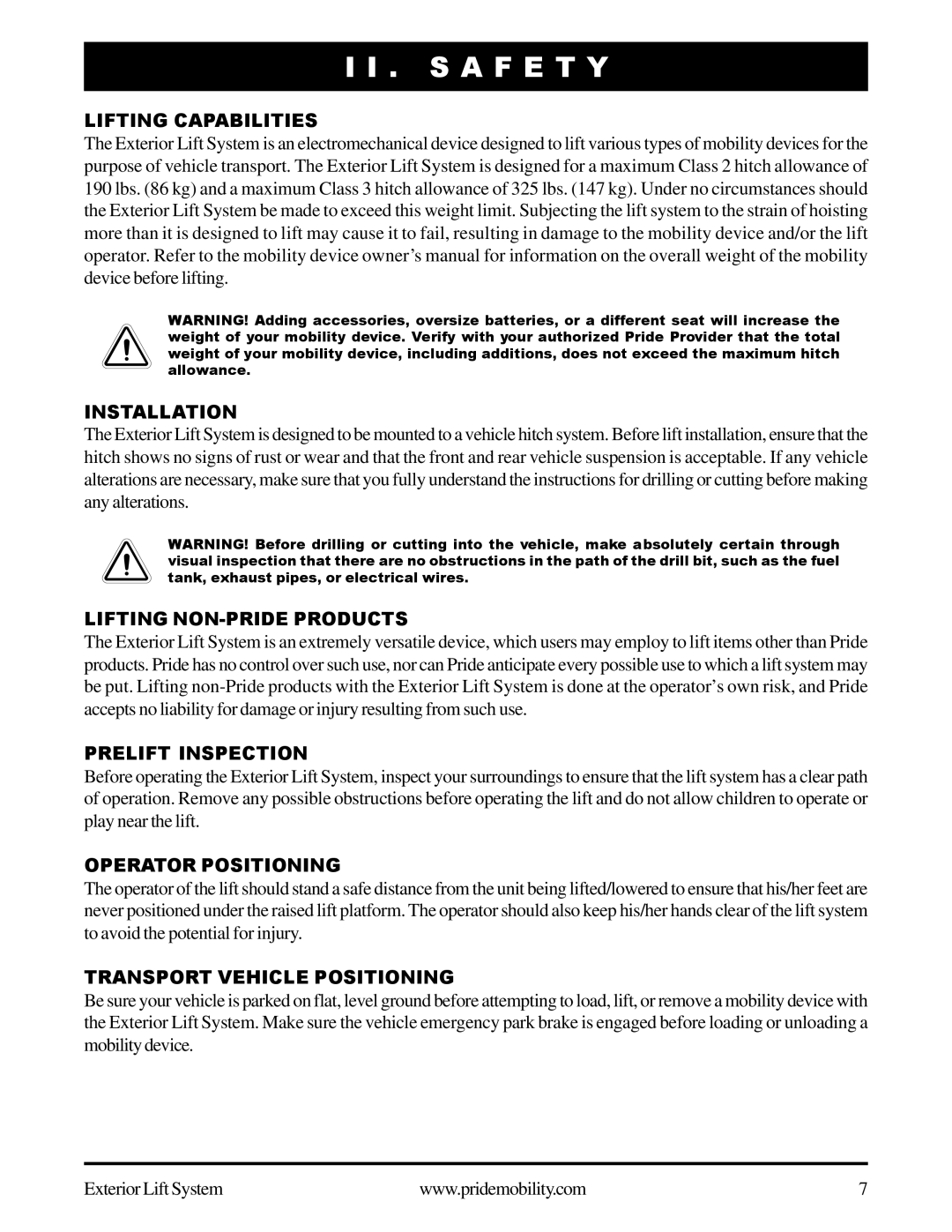 Pride Mobility Exterior Lift System Lifting Capabilities Installation, Lifting NON-PRIDE Products, Prelift Inspection 