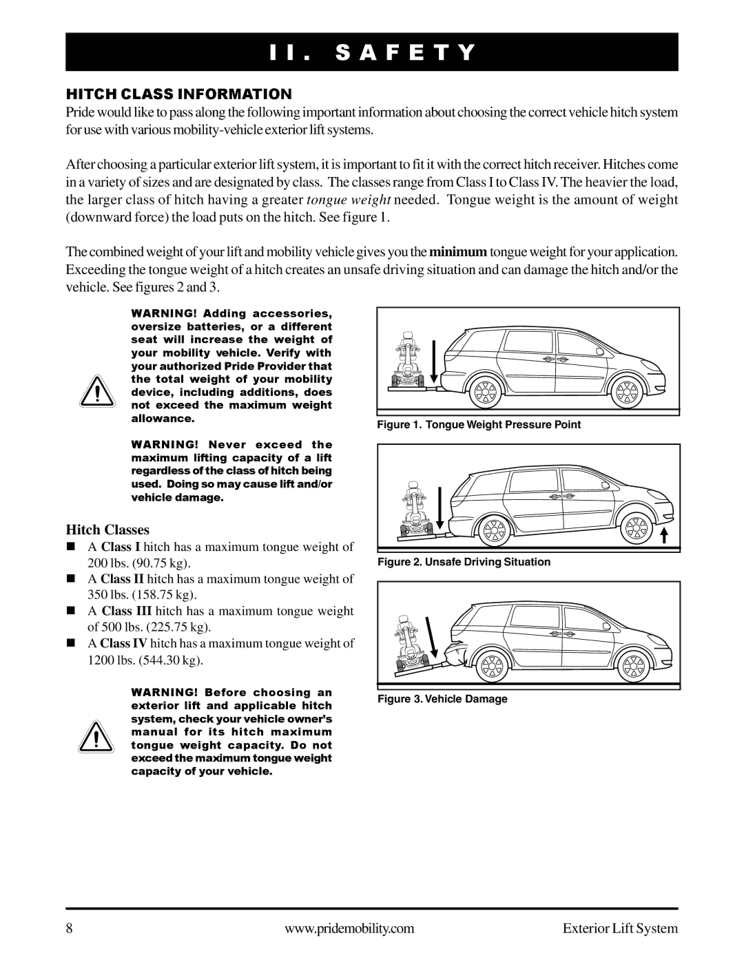 Pride Mobility Exterior Lift System manual Hitch Class Information, Hitch Classes 