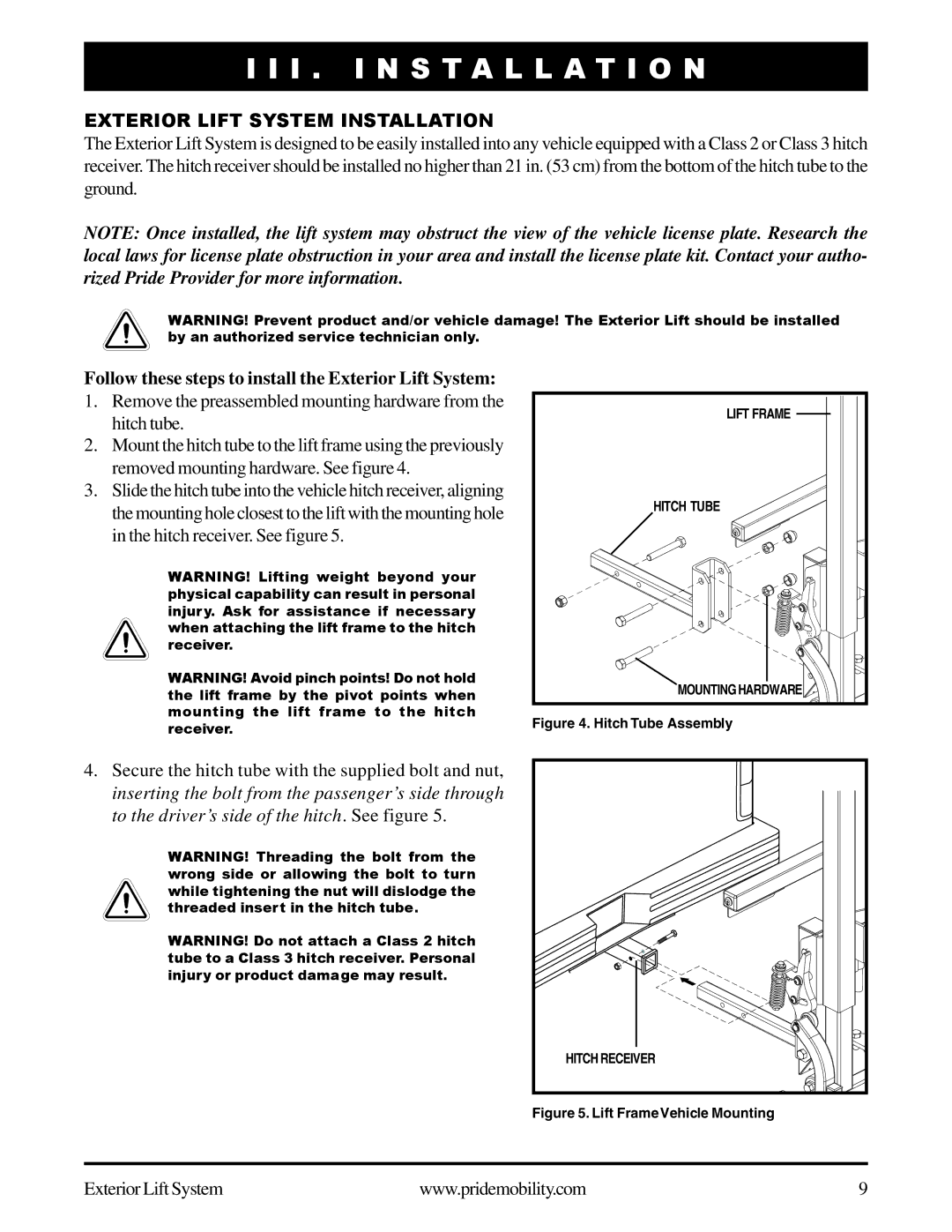 Pride Mobility manual I . Installation, Exterior Lift System Installation 