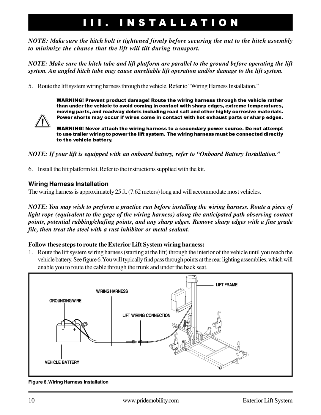 Pride Mobility Exterior Lift System manual Wiring Harness Installation, I I I . I N S T A L L A T I O N 