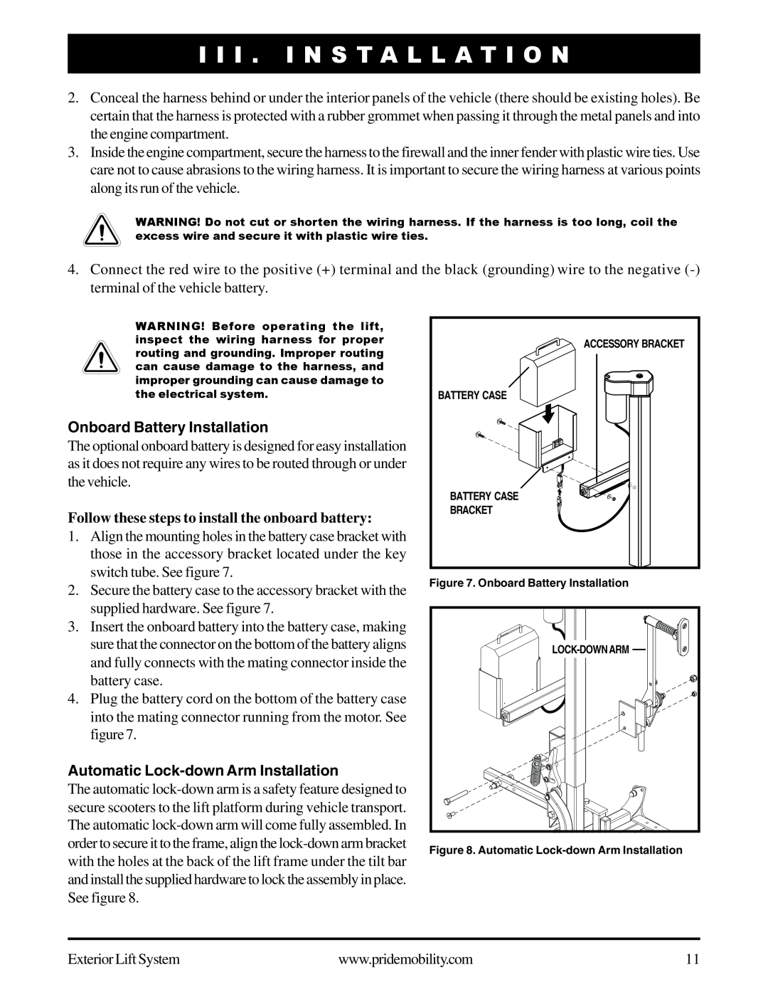 Pride Mobility Exterior Lift System manual Onboard Battery Installation, Follow these steps to install the onboard battery 