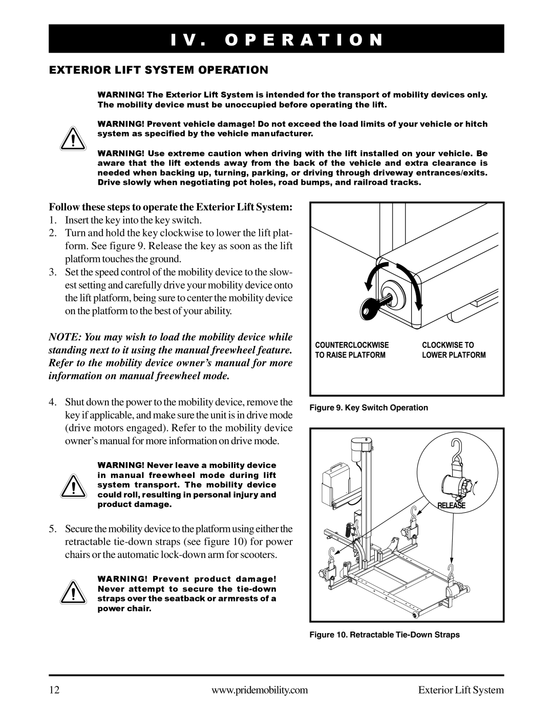 Pride Mobility manual I V . O P E R A T I O N, Exterior Lift System Operation 