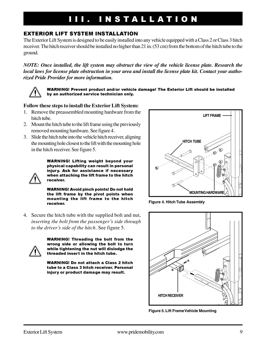 Pride Mobility manual I I I . I N S T A L L A T I O N, Exterior Lift System Installation 