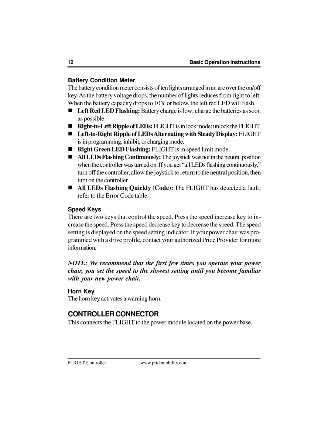 Pride Mobility Flight manual Controller Connector, Battery Condition Meter 