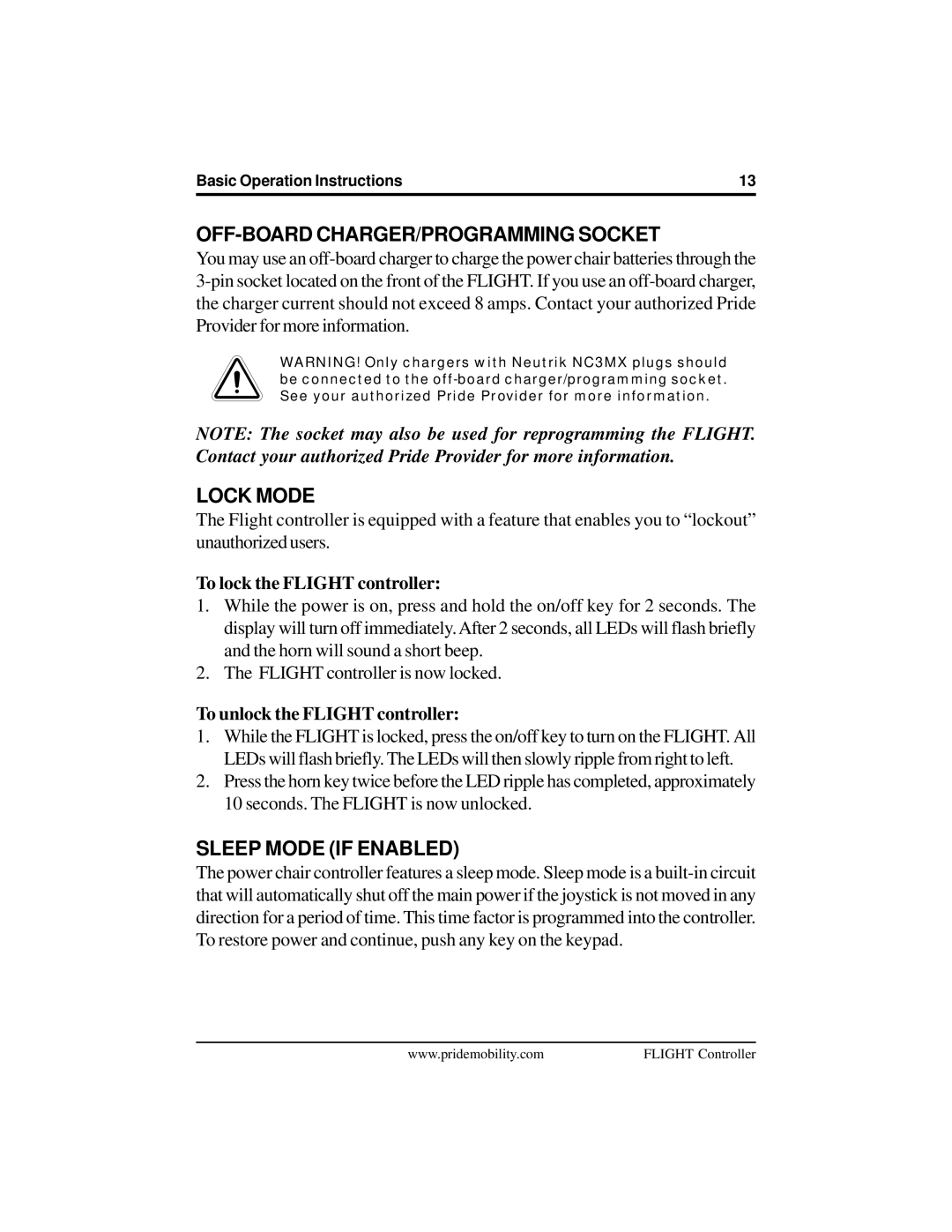 Pride Mobility Flight manual OFF-BOARD CHARGER/PROGRAMMING Socket, Lock Mode, Sleep Mode if Enabled 