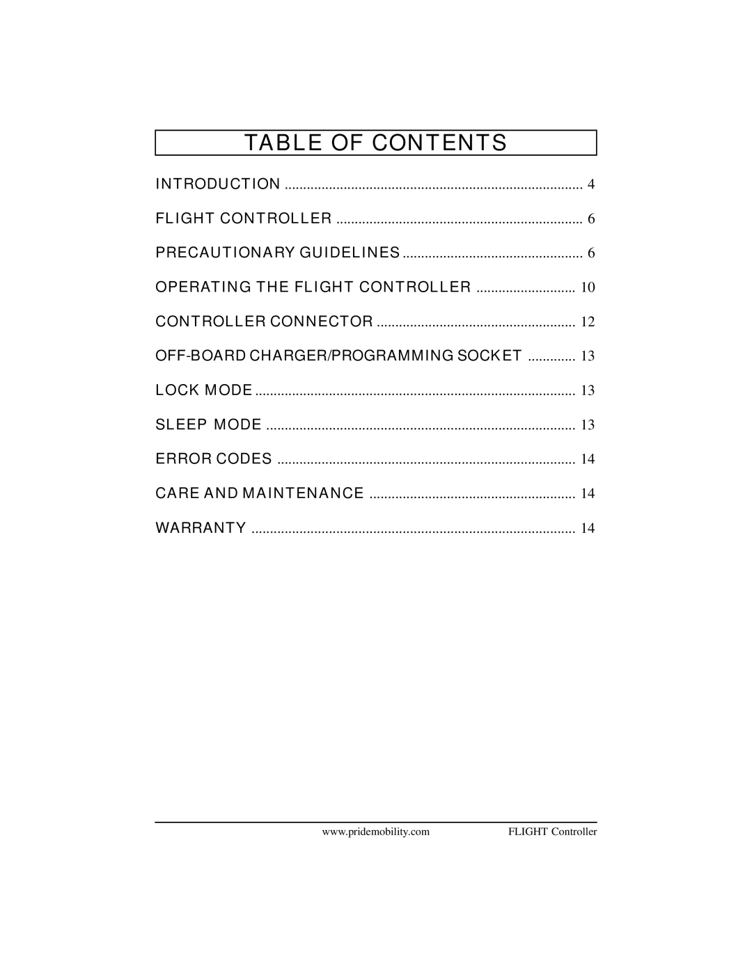 Pride Mobility Flight manual Table of Contents 