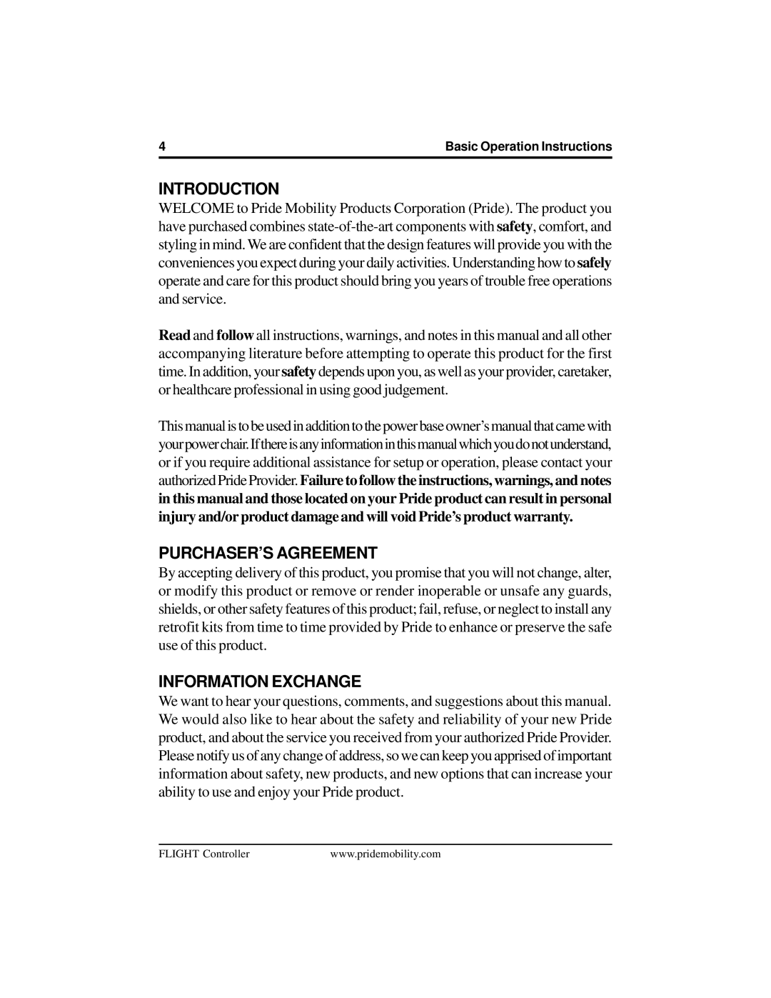 Pride Mobility Flight manual Introduction, PURCHASER’S Agreement, Information Exchange 