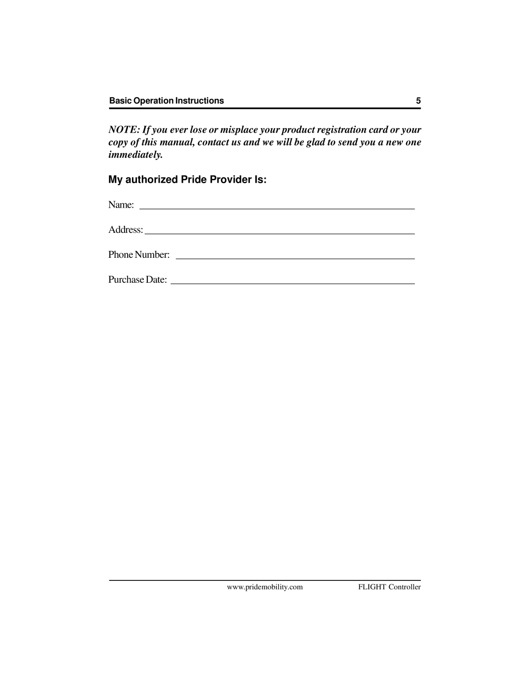 Pride Mobility Flight manual My authorized Pride Provider Is 