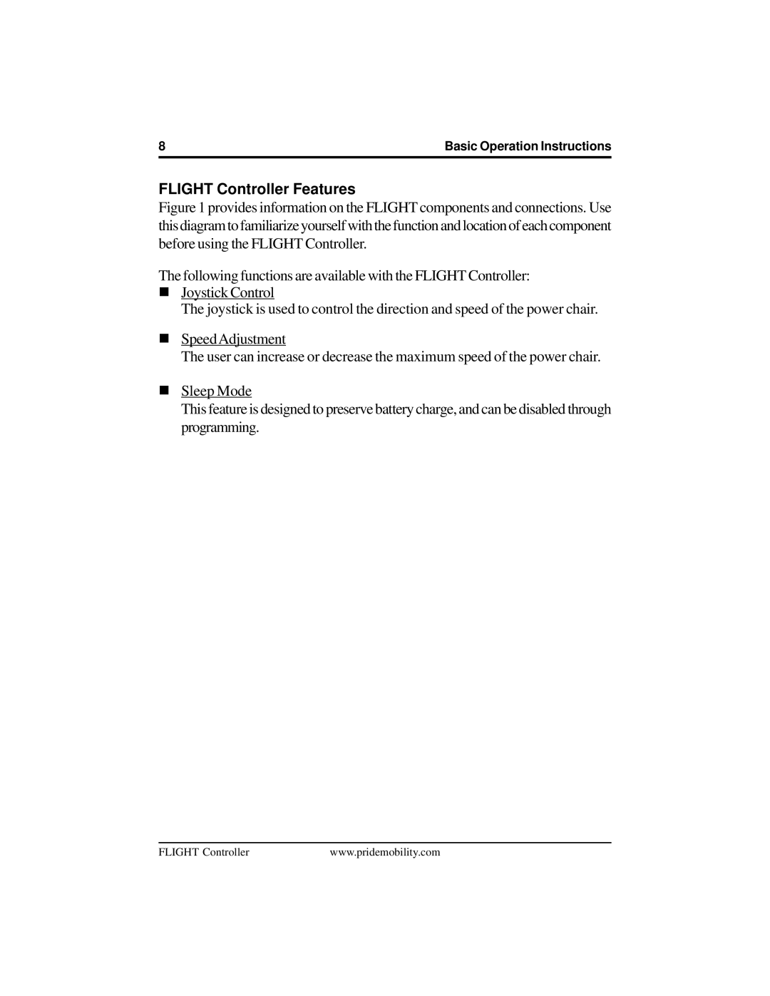 Pride Mobility manual Flight Controller Features 