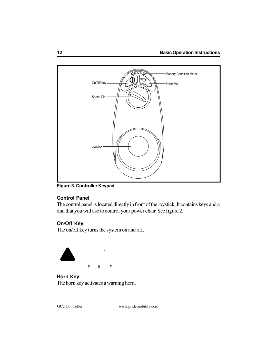 Pride Mobility GC2 manual On/off key turns the system on and off 